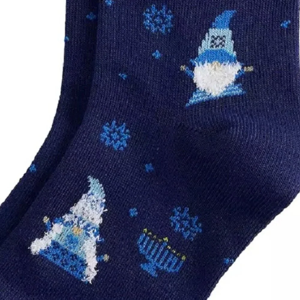 3 pairs of Women's Navy Blue Crew Socks featuring Hannukah Gnomes + Menorahs